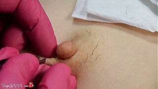 Man Beautician Plucks Hair on Nipples of Girl on Depilation and Massaging Tits In Red Latex Gloves